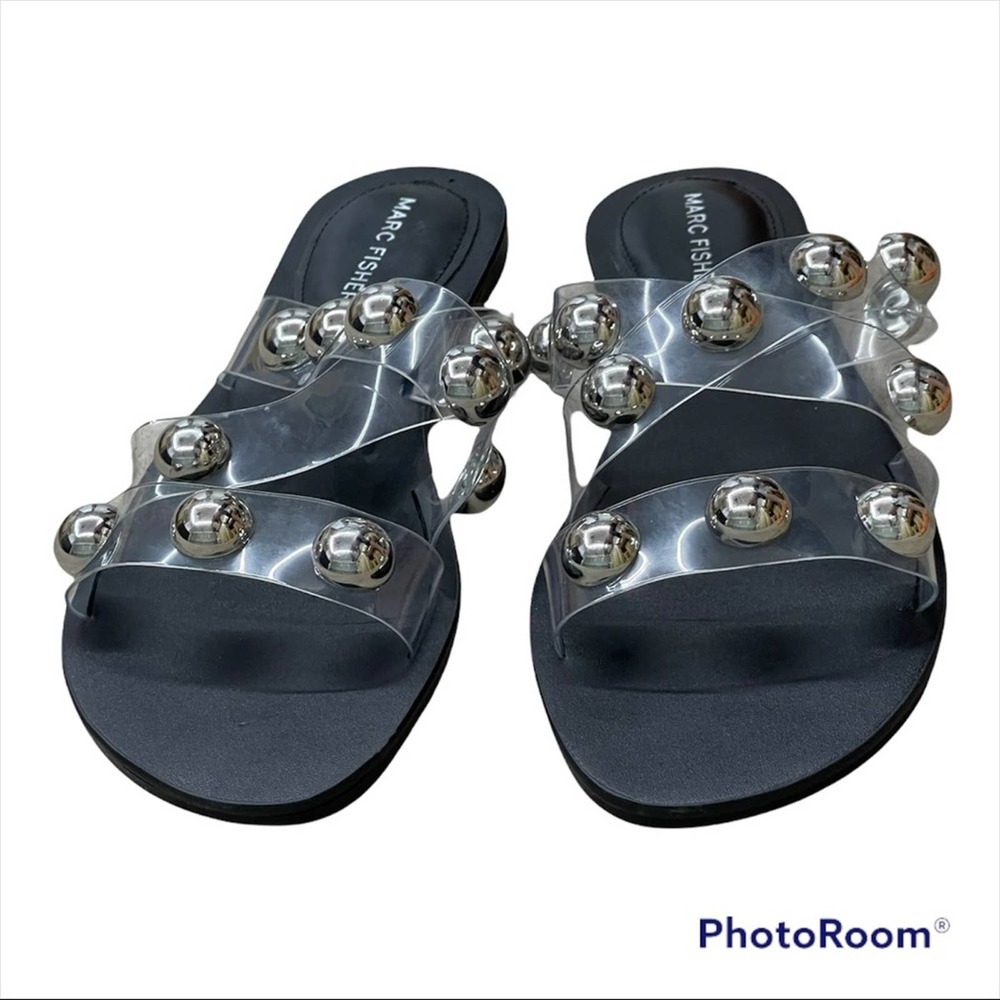 Marc Fisher Black Silver Studded Clear Sandals Slides